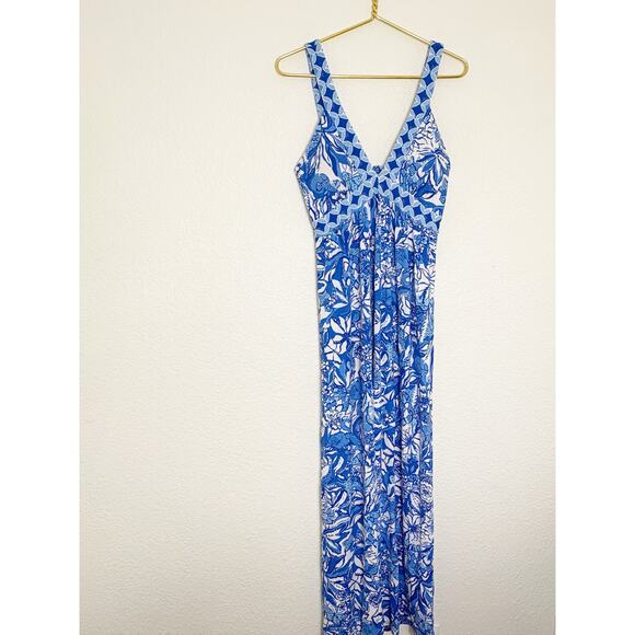 Lilly Pulitzer Serena V-Neck Maxi Dress Blue Tang Flocking Fabulous Size 6 - Picture 3 of 14